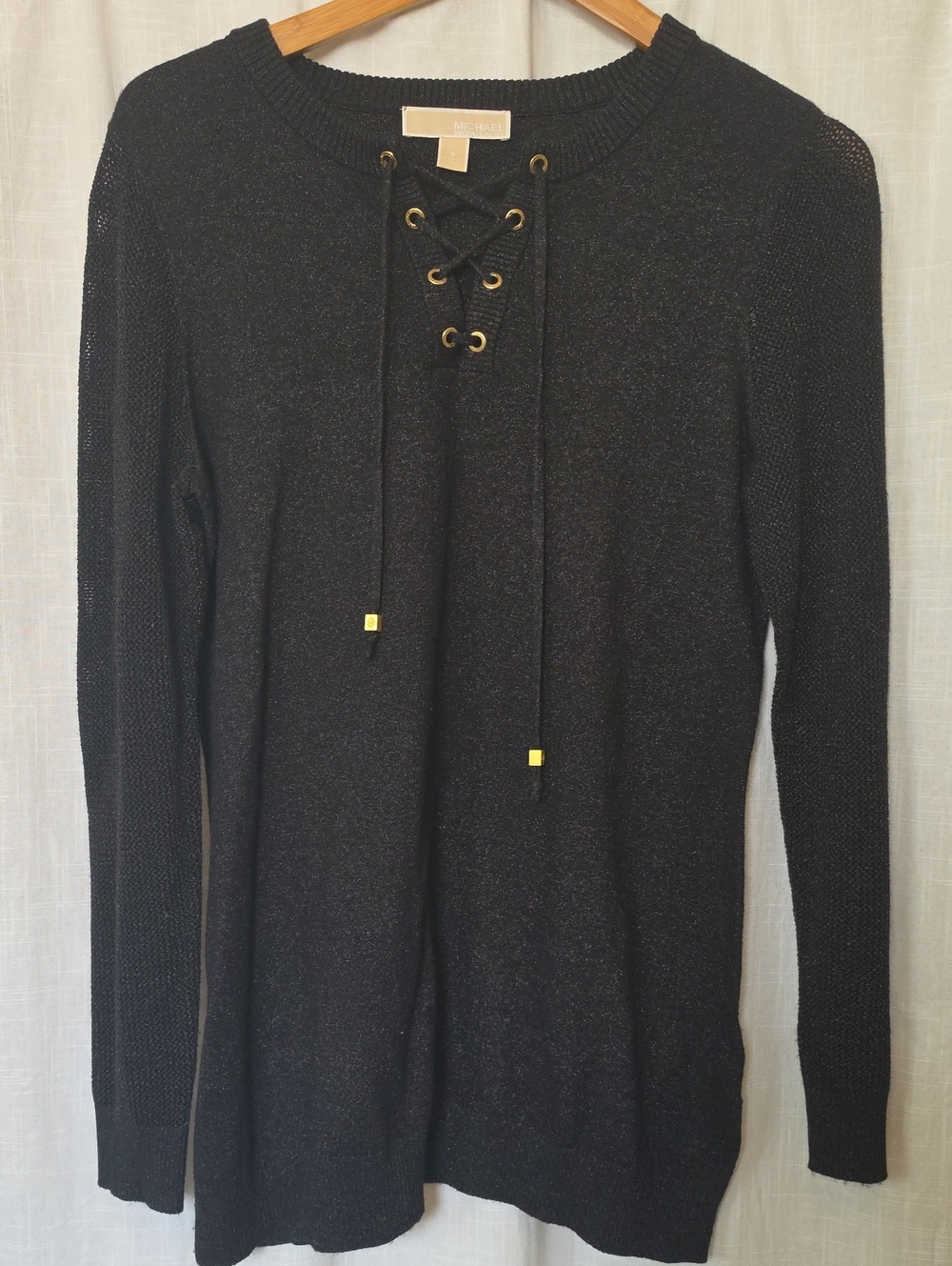 Michael Kors Black Lace-Up Crewneck Sweater with Metallic Accents